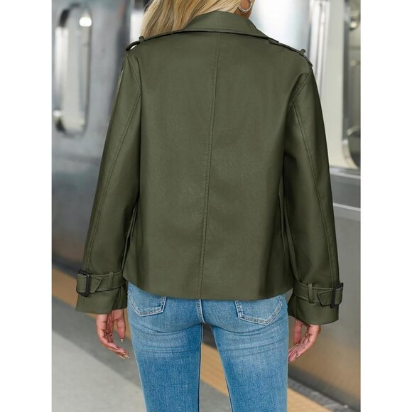 Womens Army Green Faux Leather Jacket | Button Down Moto Coat | Trendy Fall - Picture 4 of 6